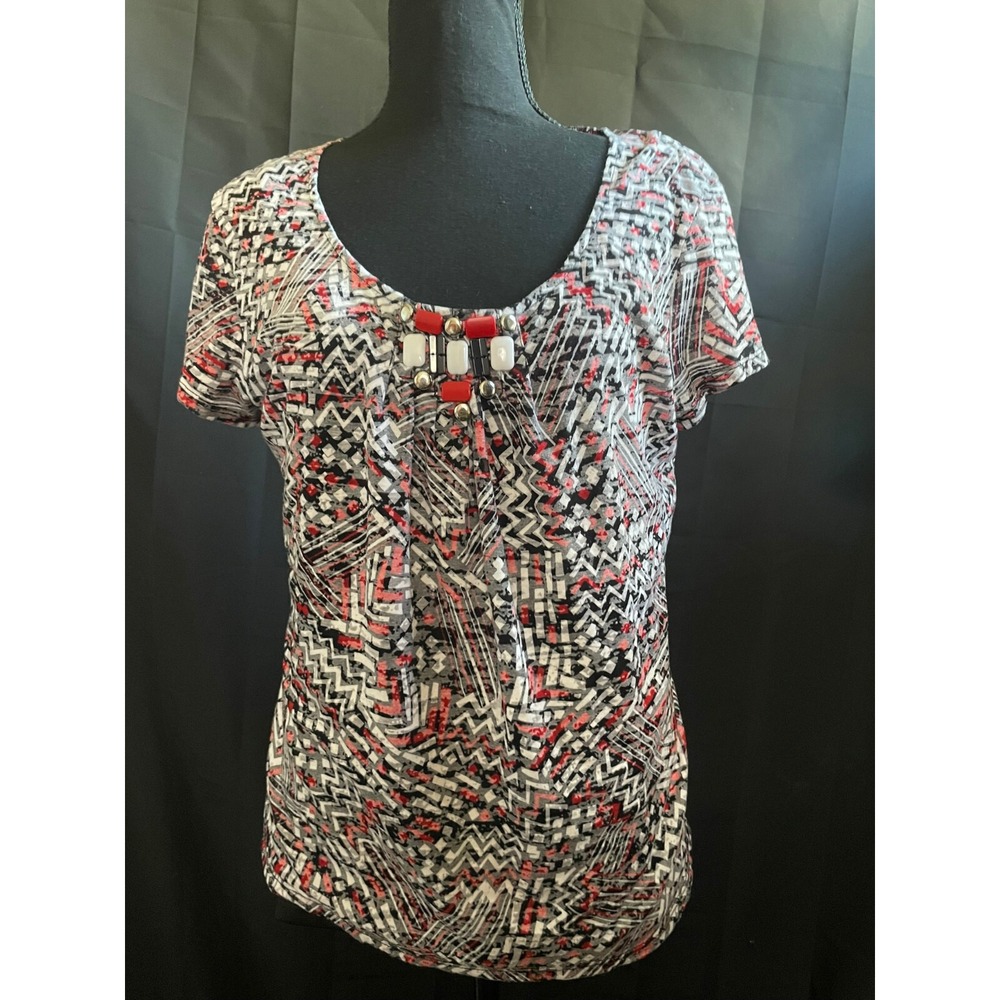 Ruby Red Women's Geometric Sheer Print Top w/ Jeweled Neck & Inner Tank - Sz M